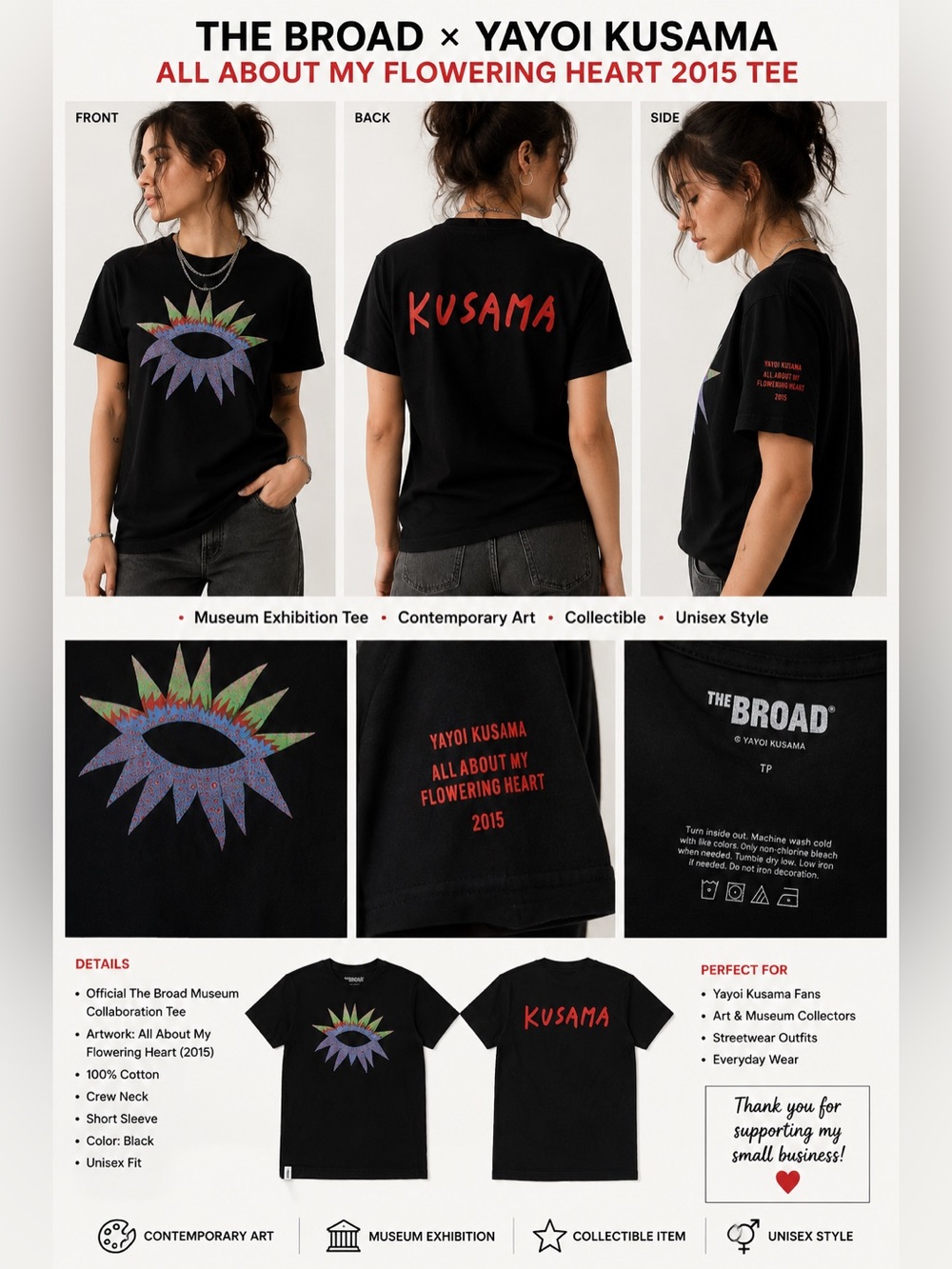 The Broad Yayoi Kusama All About My Flowering Heart 2015 Art T-Shirt Black